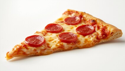 Delicious pepperoni pizza slice with melted cheese and savory toppings on a clean white background