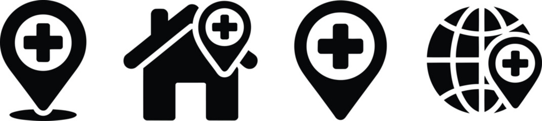 Obraz premium Set of medical location icons including pin house and globe with cross