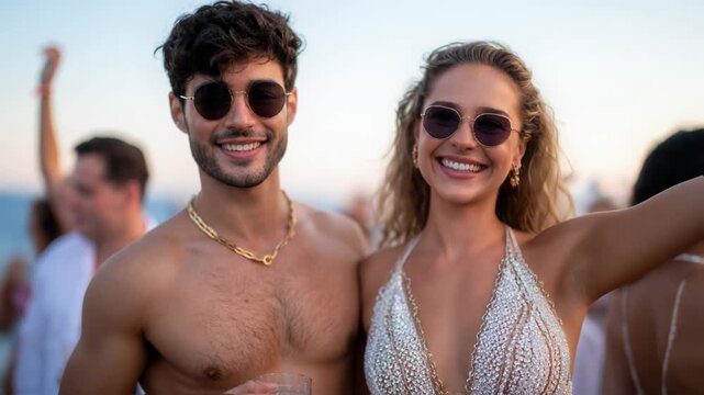 Experience a vibrant beach party filled with funloving individuals, joyfully soaking up the sun and sharing smiles