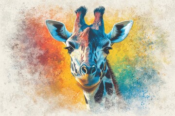 Watercolor Giraffe Portrait with Vibrant Splatter Background and Detailed Facial Features