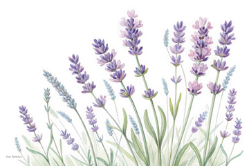 Obraz premium Delicate watercolor painting of lavender stems with soft purple flowers isolated on transparent background