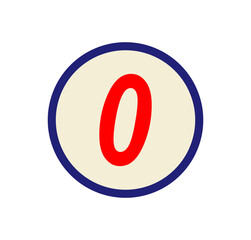 Number 0 red text inside cream circle with blue border for label, badge, countdown, ranking, and creative design icon