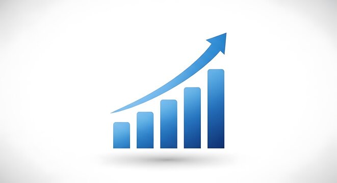 Blue bar graph with an upward trending arrow on a plain white background showing growth and progress
