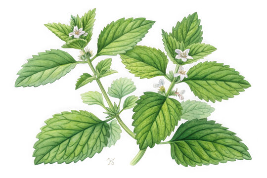 Detailed watercolor illustration of a fresh green lemon balm plant with small white flowers isolated on transparent background