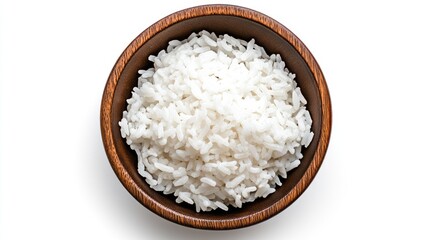 Overhead View of Cooked White Rice in a Wooden Bowl on White