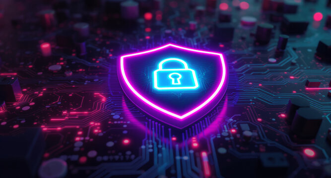 A glowing shield emblem is the focal point on a futuristic circuit board. The shield has a vibrant pink neon outline and contains a bright cyan padlock icon.