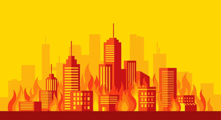 Fototapeta premium City on Fire – Dramatic stylized skyline engulfed in flames, vibrant red-orange hues on yellow backdrop, symbolizing urban disaster, crisis, awareness, or fictional storytelling