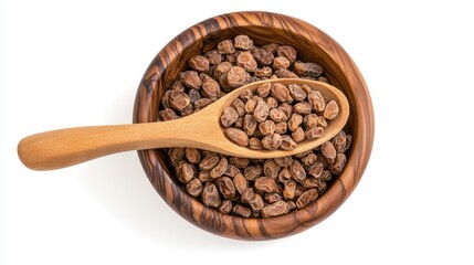 Fermented Soybeans: Natto in Wooden Bowl with Spoon on White Background