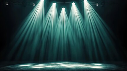 Stage lights illuminate a dark space with teal beams and textured floor reflections