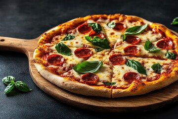 Delicious Pepperoni Pizza with Fresh Basil on Wooden Paddle, Dark Background