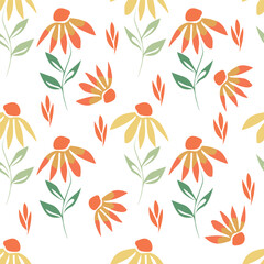 Seamless floral pattern, colorful ditsy print, abstract ornament in retro folk motif. Pretty decorative art botanical design of hand drawn large, small flowers, leaves, wild herbs. Vector illustration