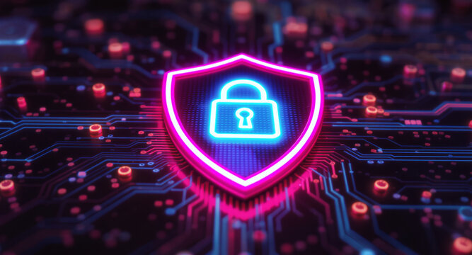 A glowing shield emblem is the focal point on a futuristic circuit board. The shield has a vibrant pink neon outline and contains a bright cyan padlock icon.