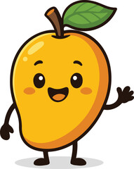 Cute Adorable Cartoon Character of Mango with leaf, waving hello, cheerful smiling joyful happy expression, isolated on white background, Popular fruits for kids
