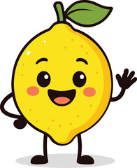Cute Adorable Cartoon Character of Lemon, cheerful smiling joyful happy expression, isolated on white background, Popular fruits Cartoon design for kids