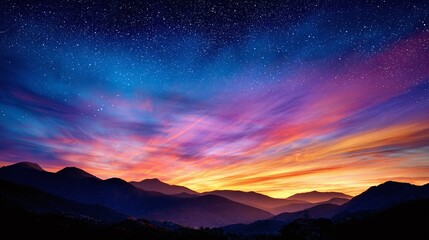 Fototapeta premium Vibrant sky ablaze with color over silhouette mountains. Majestic peaks meet starry expanse in breathtaking panorama. Nature's symphony captured.