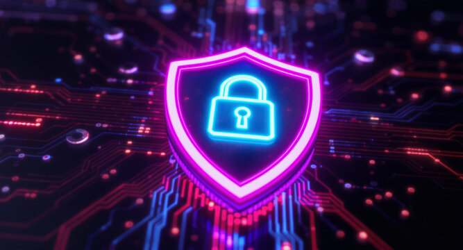 A glowing shield emblem is the focal point on a futuristic circuit board. The shield has a vibrant pink neon outline and contains a bright cyan padlock icon.