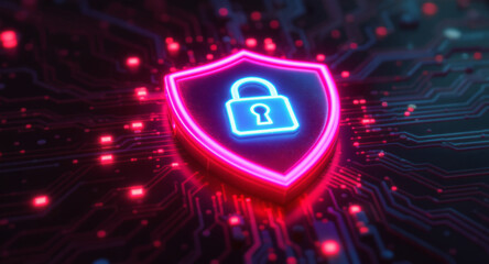 A glowing shield emblem is the focal point on a futuristic circuit board. The shield has a vibrant pink neon outline and contains a bright cyan padlock icon.