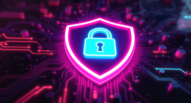 A glowing shield emblem is the focal point on a futuristic circuit board. The shield has a vibrant pink neon outline and contains a bright cyan padlock icon.