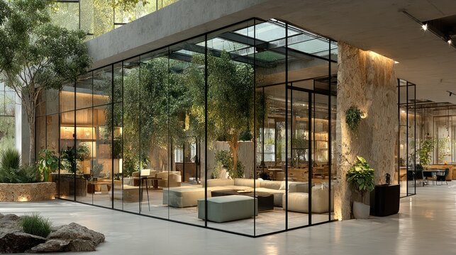 Modern, glass-enclosed atrium with lush greenery