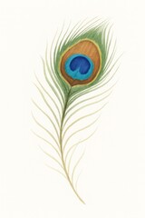 Obraz premium Single peacock feather with vibrant colors isolated on white background