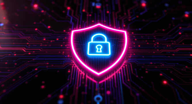 A glowing shield emblem is the focal point on a futuristic circuit board. The shield has a vibrant pink neon outline and contains a bright cyan padlock icon.