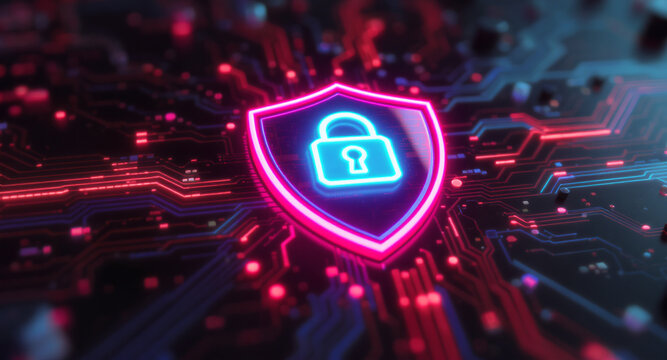 A glowing shield emblem is the focal point on a futuristic circuit board. The shield has a vibrant pink neon outline and contains a bright cyan padlock icon.