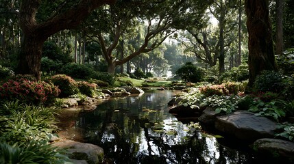 A serene, lush garden with a pond, trees, and a bridge, featuring a variety of plants and flowers in vibrant colors.