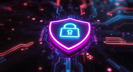 A glowing shield emblem is the focal point on a futuristic circuit board. The shield has a vibrant pink neon outline and contains a bright cyan padlock icon.