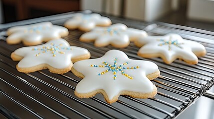 Star shaped sugar cookies with white icing and blue and yellow sprinkles on a cooling rack