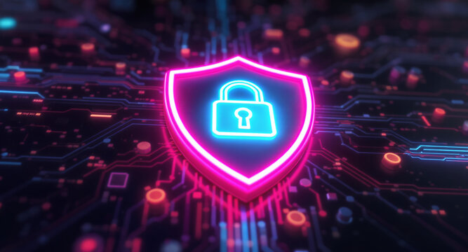 A glowing shield emblem is the focal point on a futuristic circuit board. The shield has a vibrant pink neon outline and contains a bright cyan padlock icon.