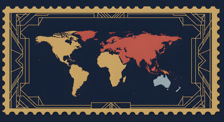 Obraz premium A vintage-style world map illustration in a stamp design, depicting continents in different colors for a unique, old-fashioned global representation, perfect for travel and geographical projects