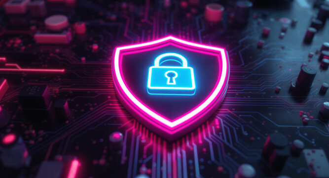 A glowing shield emblem is the focal point on a futuristic circuit board. The shield has a vibrant pink neon outline and contains a bright cyan padlock icon.
