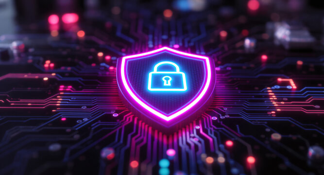 A glowing shield emblem is the focal point on a futuristic circuit board. The shield has a vibrant pink neon outline and contains a bright cyan padlock icon.