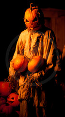 Naklejka premium Orange horror figure holds pumpkins in dim lighting. Seasonal backdrop for posters, invitations, and social media design.