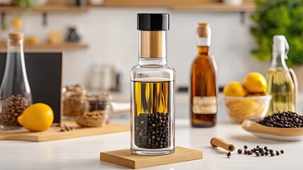 Glass Oil Bottle with Black Peppercorns on Wooden Board