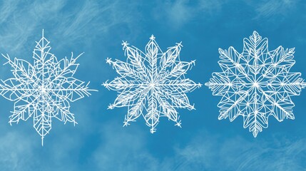 Three Unique White Snowflakes on a Blue Background