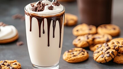 Decadent chocolate milkshake with whipped cream and chocolate chip cookies