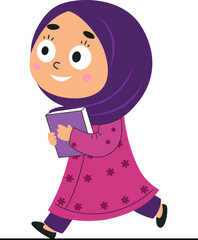 Cute Muslim Girl in Hijab Walking with Book – Cartoon Illustration for Education and Children’s Content