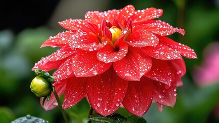 Vibrant Red Dahlia Bloom Adorned with Sparkling Water Droplets in Natural Light