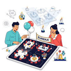 Couple using AI to plan an event on a tablet in a flat graphic illustration
