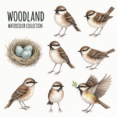 Fototapeta premium Collection of woodland birds and nest with eggs, watercolor illustration