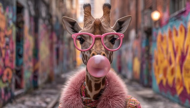 Playful giraffe in pink glasses blowing bubble gum, dressed in stylish outfit, standing in colorful alley with vibrant street art
