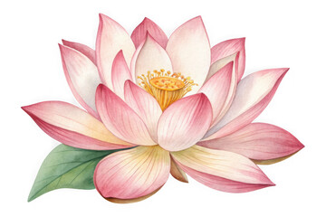 Beautiful pink and white watercolor lotus flower with green leaves isolated on transparent background