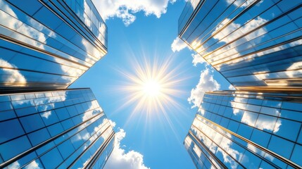 Low-angle view of modern glass skyscrapers reflecting sky and sun.