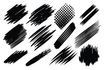 Ink brush stroke graphic box. Grunge template paintbrush with splashes. Dirty artistic design elements. Paint set black brushstroke with splatter, dirt stain, brush with drops blots. Vector collection
