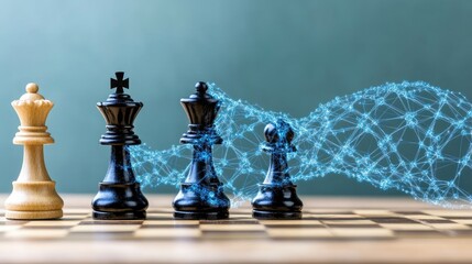 Chess Pieces with Digital Network Overlay on a Chessboard, Strategy and Technology
