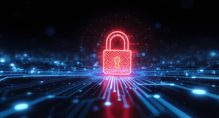 Data protection technology concept: A glowing red padlock serves as a focal point within a dynamic digital landscape of blue illuminated circuit pathways and nodes, representing secure network connect
