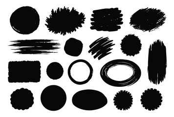 Black Paint Brush Stroke and Circle Set – Grunge Ink Shapes Collection on White Background