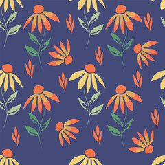 Seamless floral pattern, colorful ditsy print, abstract ornament in retro folk motif. Pretty decorative art botanical design of hand drawn large, small flowers, leaves, wild herbs. Vector illustration