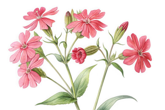 Delicate pink silene dioica flowers with green leaves isolated on transparent background